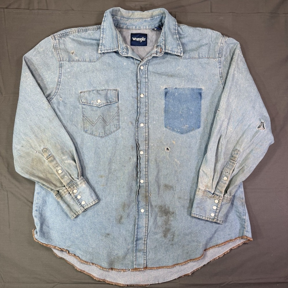 Vintage Wrangler Denim Pearl Snap Thrashed Faded Ghost Pocket Shirt 2XL